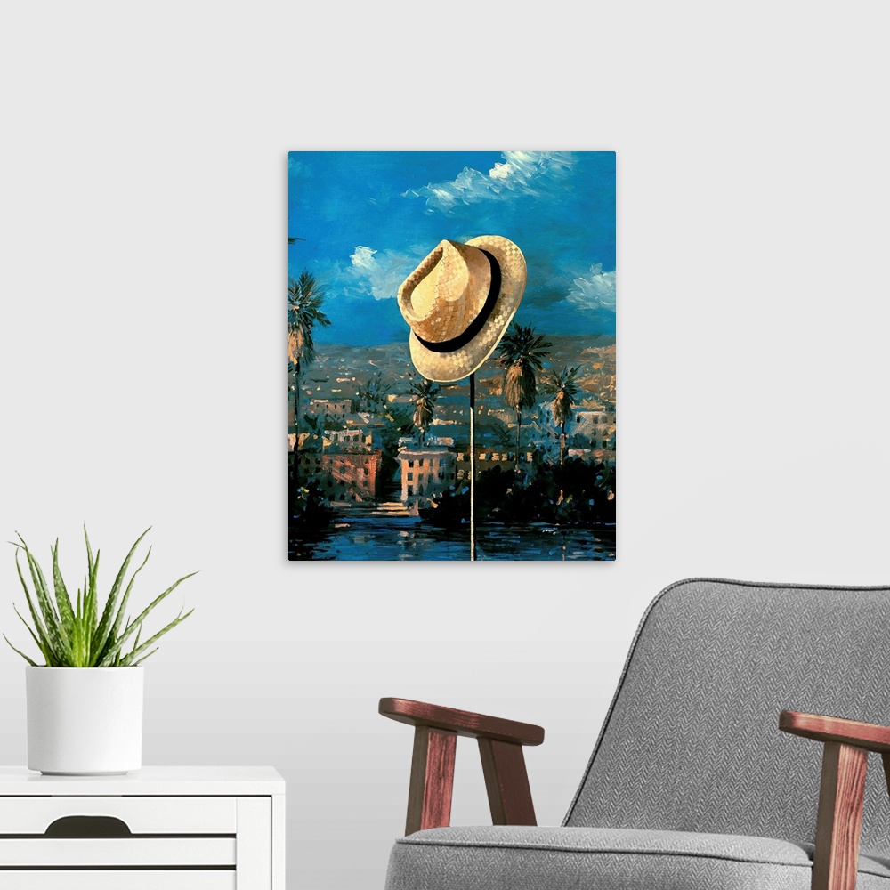 A modern room featuring Contemporary artwork of a hat hanging on a pole, with the a cityscape in the background.