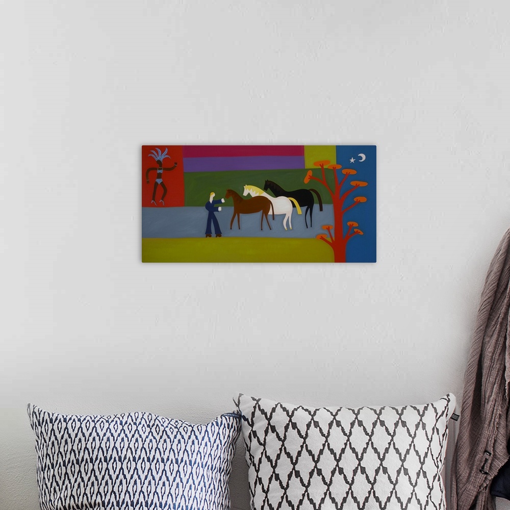A bohemian room featuring Contemporary painting of a person with three horses in a row.