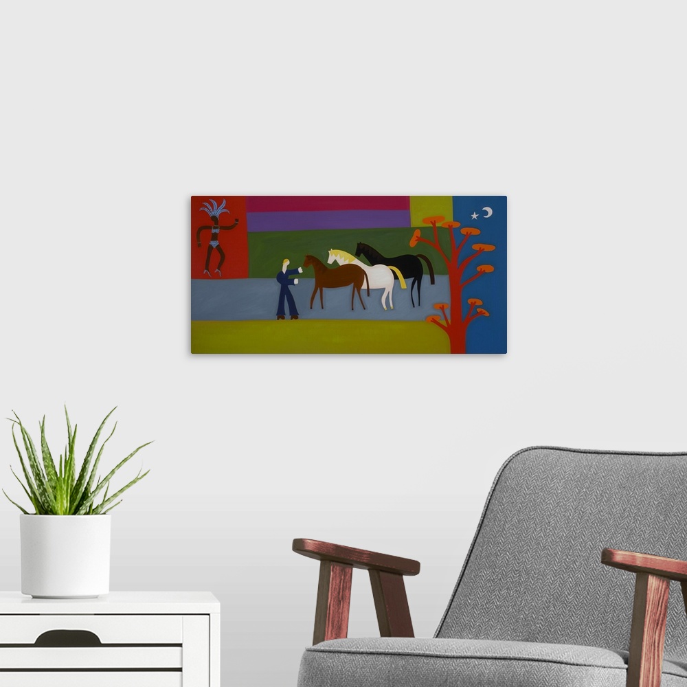 A modern room featuring Contemporary painting of a person with three horses in a row.