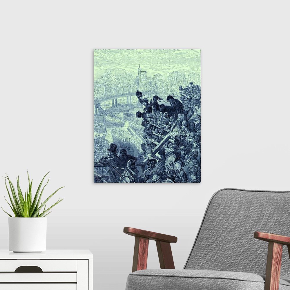 A modern room featuring Oxford and Cambridge boat race - with the boats passing under Putney Bridge, London. Men, women a...