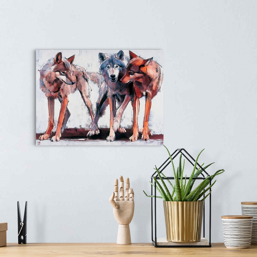 A bohemian room featuring Big landscape painting of three wolves standing next to each other, each different in color.  Pai...
