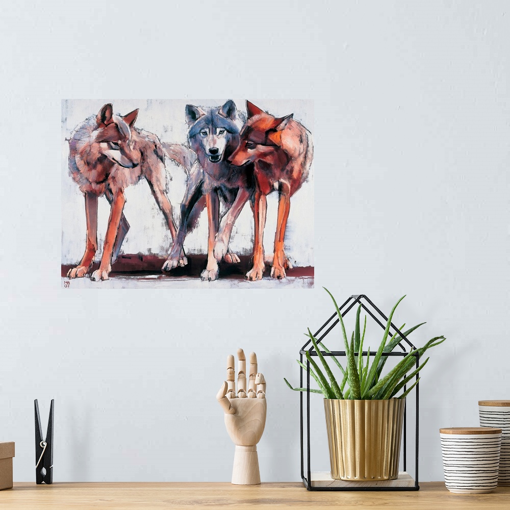 A bohemian room featuring Big landscape painting of three wolves standing next to each other, each different in color.  Pai...