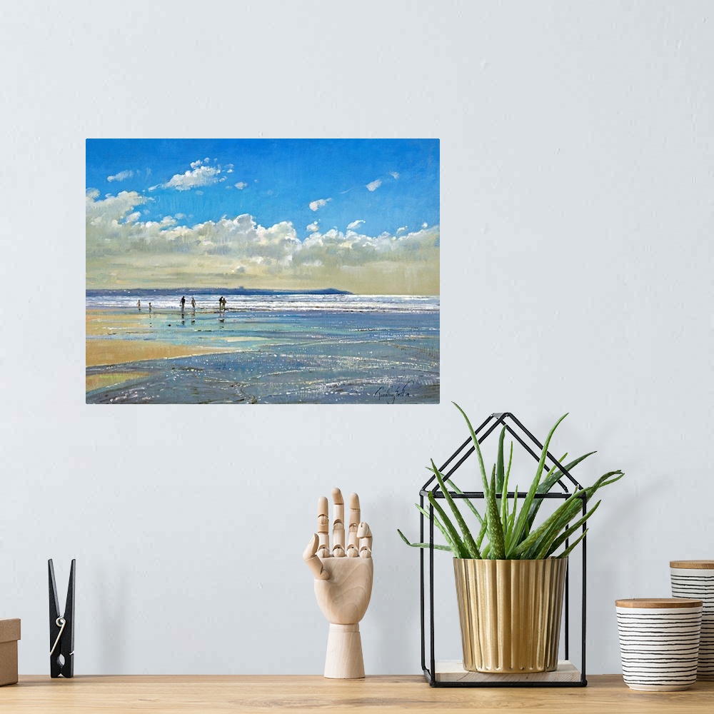 A bohemian room featuring Oversized, horizontal painting of a small group of people in the distance, walking the shoreline ...