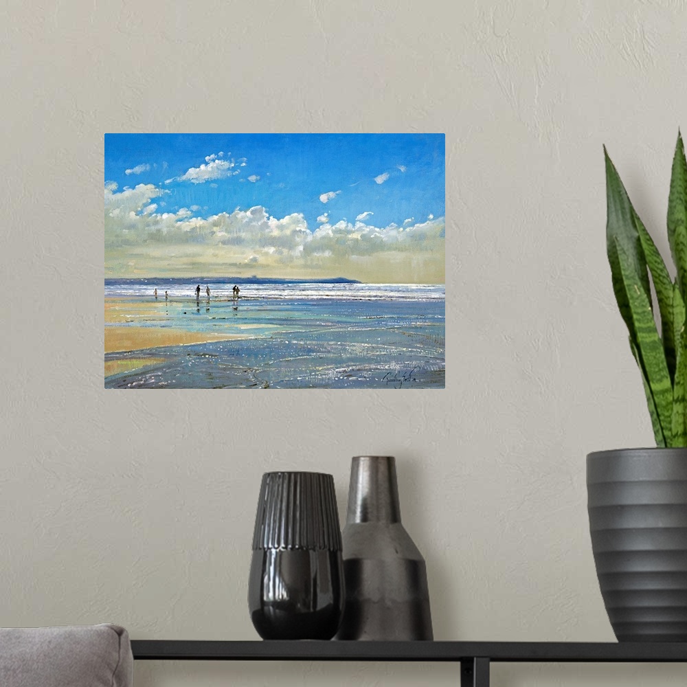 A modern room featuring Oversized, horizontal painting of a small group of people in the distance, walking the shoreline ...