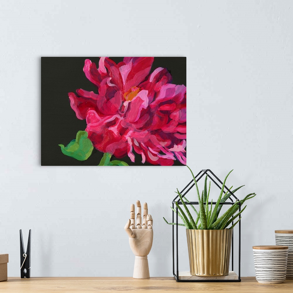 A bohemian room featuring Horizontal, floral painting of a single large flower with wavy petals, on a solid black backgroun...