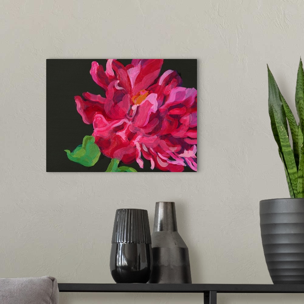 A modern room featuring Horizontal, floral painting of a single large flower with wavy petals, on a solid black backgroun...