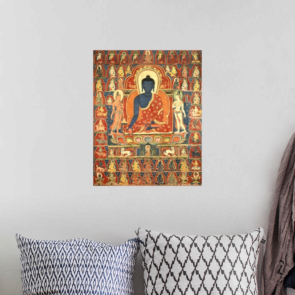 A bohemian room featuring Painted Banner, Thangka with the Medicine Buddha, Bhaishajyaguru, 14th century, pigment on cloth.