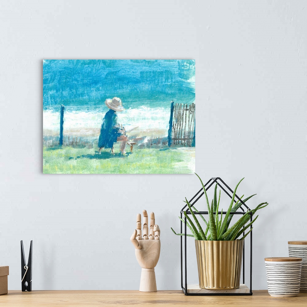 A bohemian room featuring Contemporary painting of a person painting by the sea.