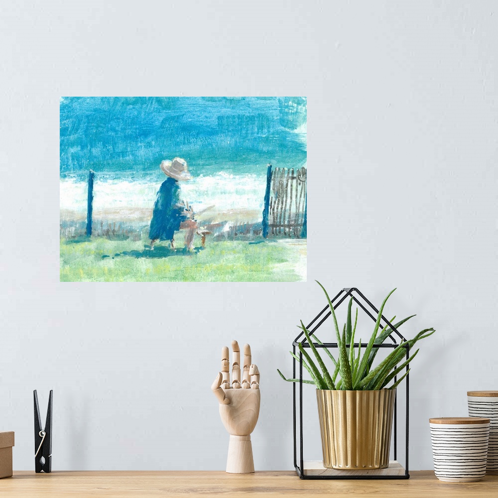 A bohemian room featuring Contemporary painting of a person painting by the sea.
