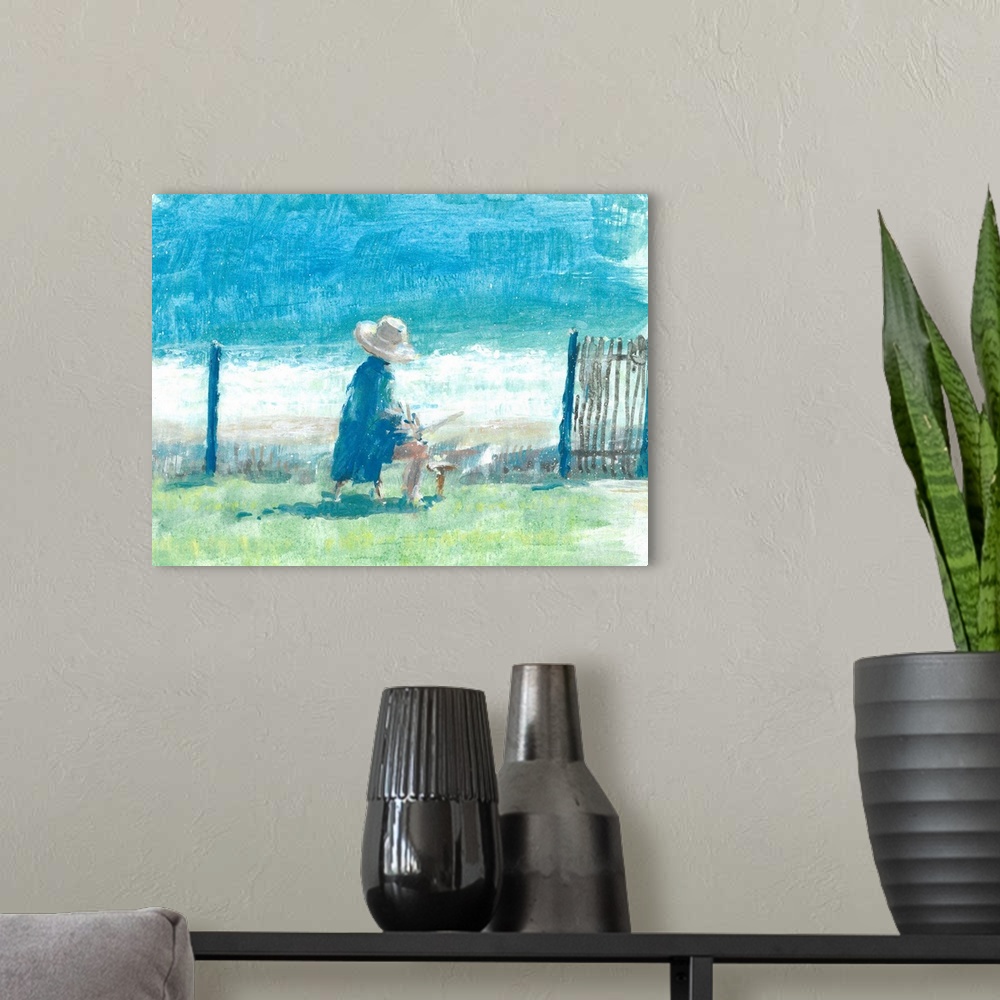 A modern room featuring Contemporary painting of a person painting by the sea.