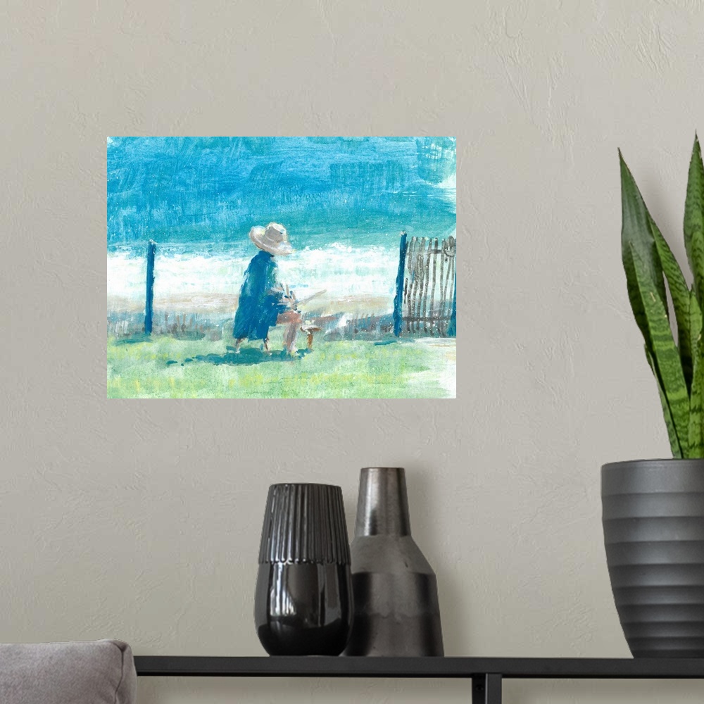 A modern room featuring Contemporary painting of a person painting by the sea.