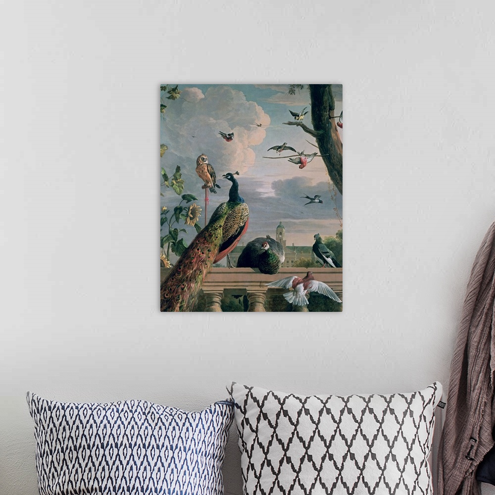 A bohemian room featuring This is a vertical painting of a 17th century outdoor menagerie of birds gathering on a porch rai...