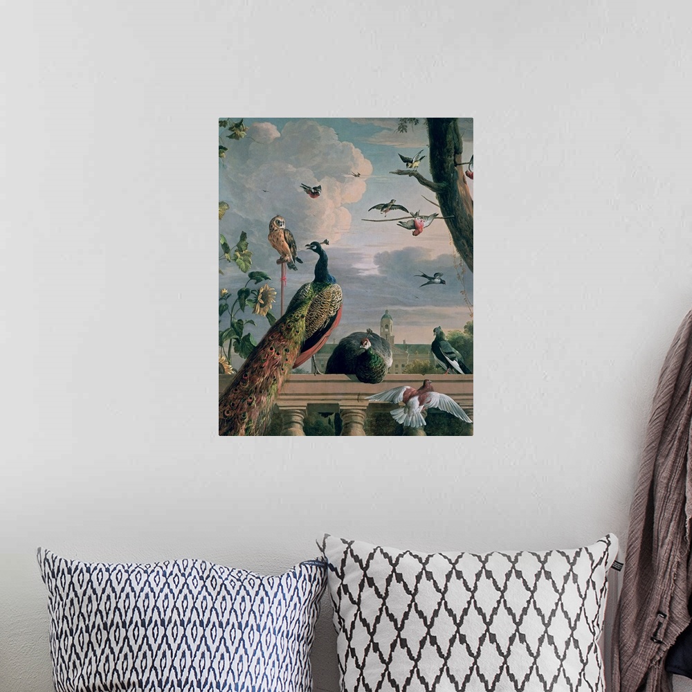 A bohemian room featuring This is a vertical painting of a 17th century outdoor menagerie of birds gathering on a porch rai...