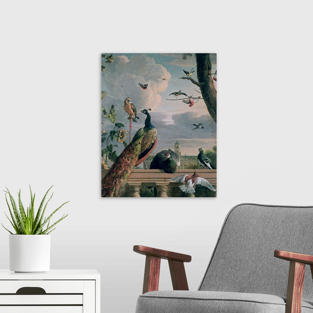 A modern room featuring This is a vertical painting of a 17th century outdoor menagerie of birds gathering on a porch rai...