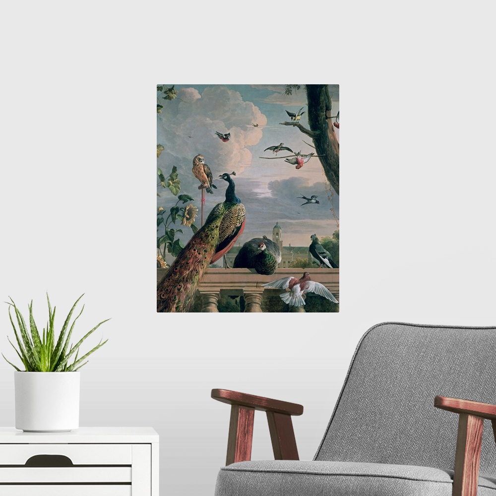 A modern room featuring This is a vertical painting of a 17th century outdoor menagerie of birds gathering on a porch rai...