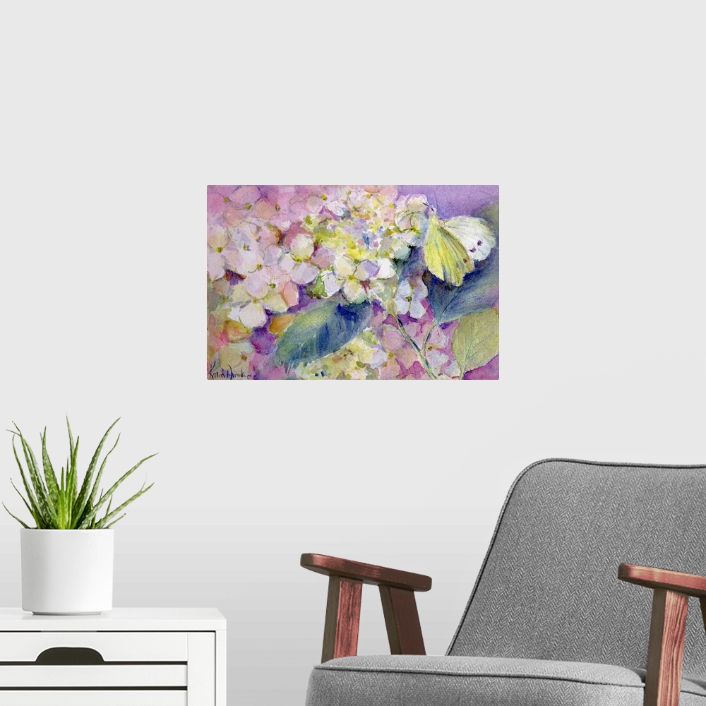A modern room featuring Oversized, landscape, floral watercolor painting of a pale clouded yellow butterfly (colias hyale...