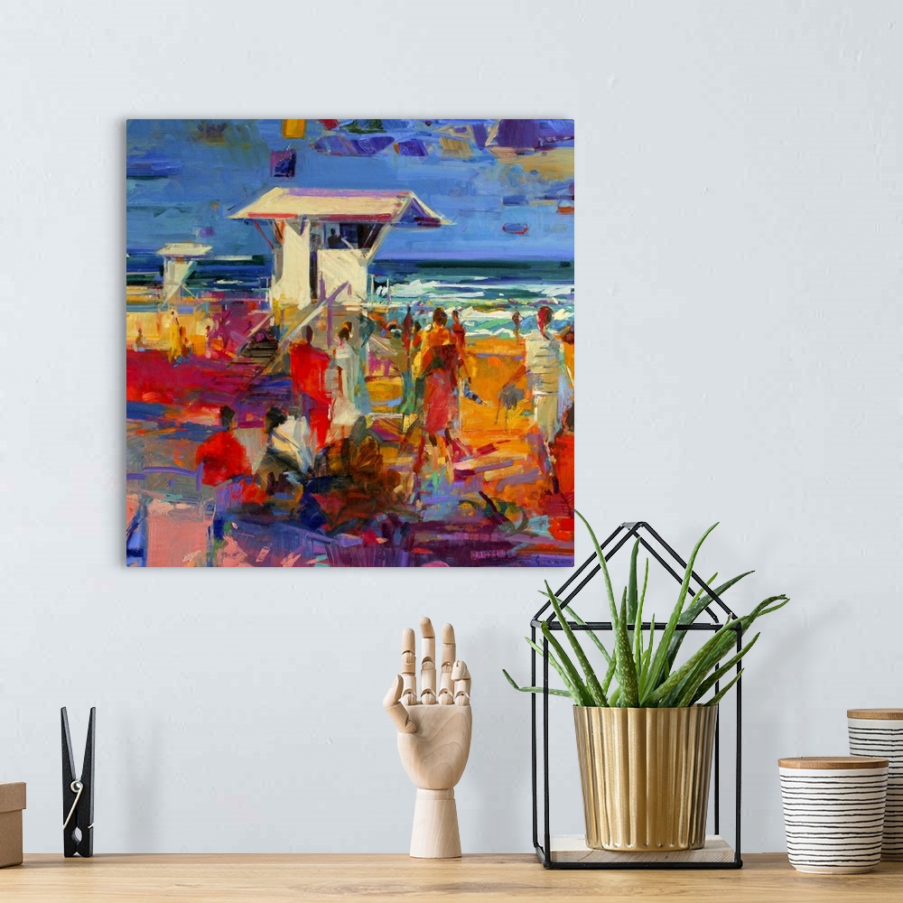 A bohemian room featuring Contemporary artwork of crowds of people on the beach surrounding lifeguard houses. A variety of ...