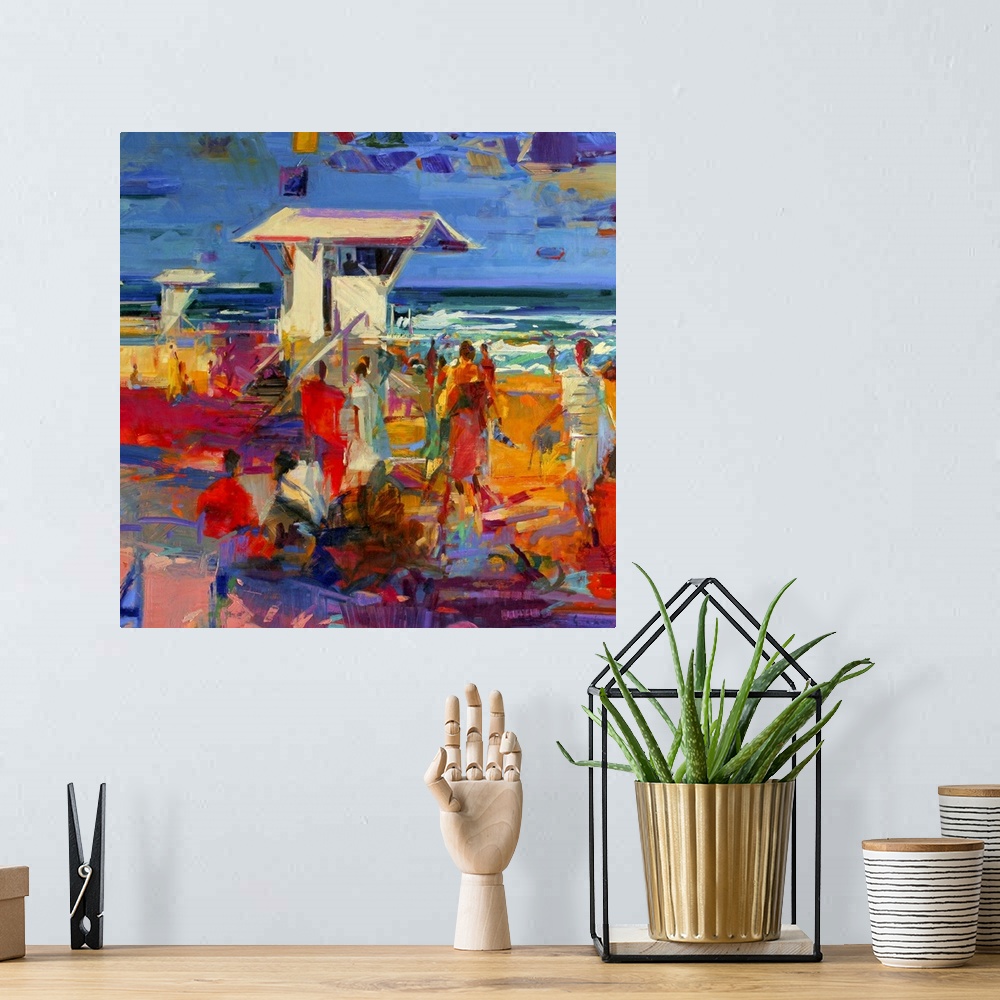 A bohemian room featuring Contemporary artwork of crowds of people on the beach surrounding lifeguard houses. A variety of ...
