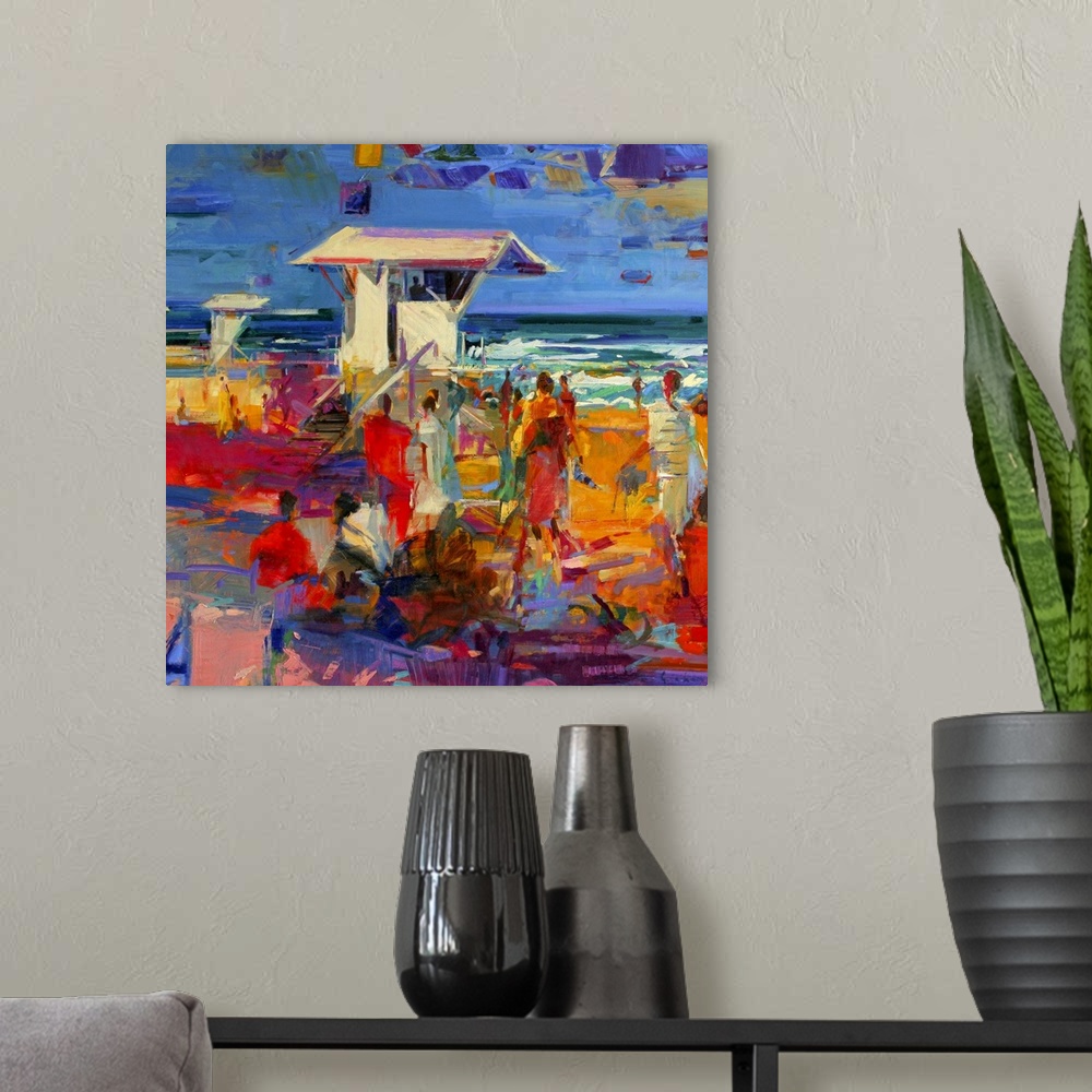 A modern room featuring Contemporary artwork of crowds of people on the beach surrounding lifeguard houses. A variety of ...