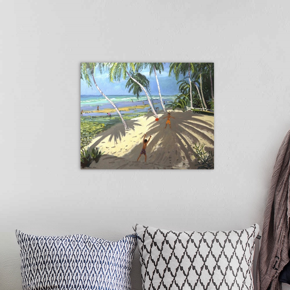 A bohemian room featuring Contemporary painting of children playing together on a tropical beach.
