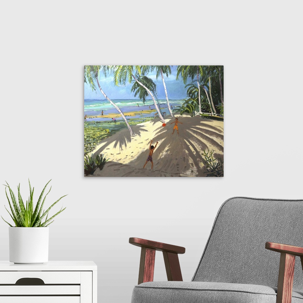 A modern room featuring Contemporary painting of children playing together on a tropical beach.