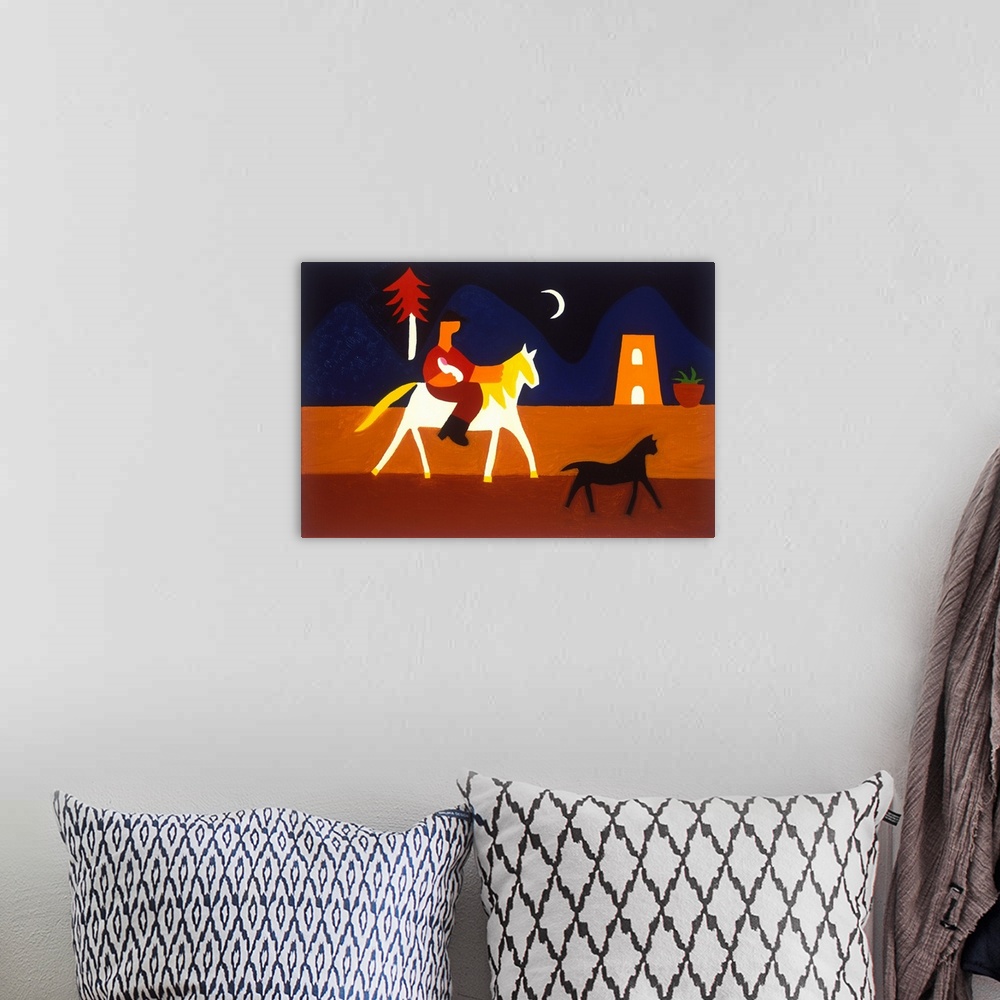 A bohemian room featuring Contemporary painting of a man with a baby riding a horse at night.