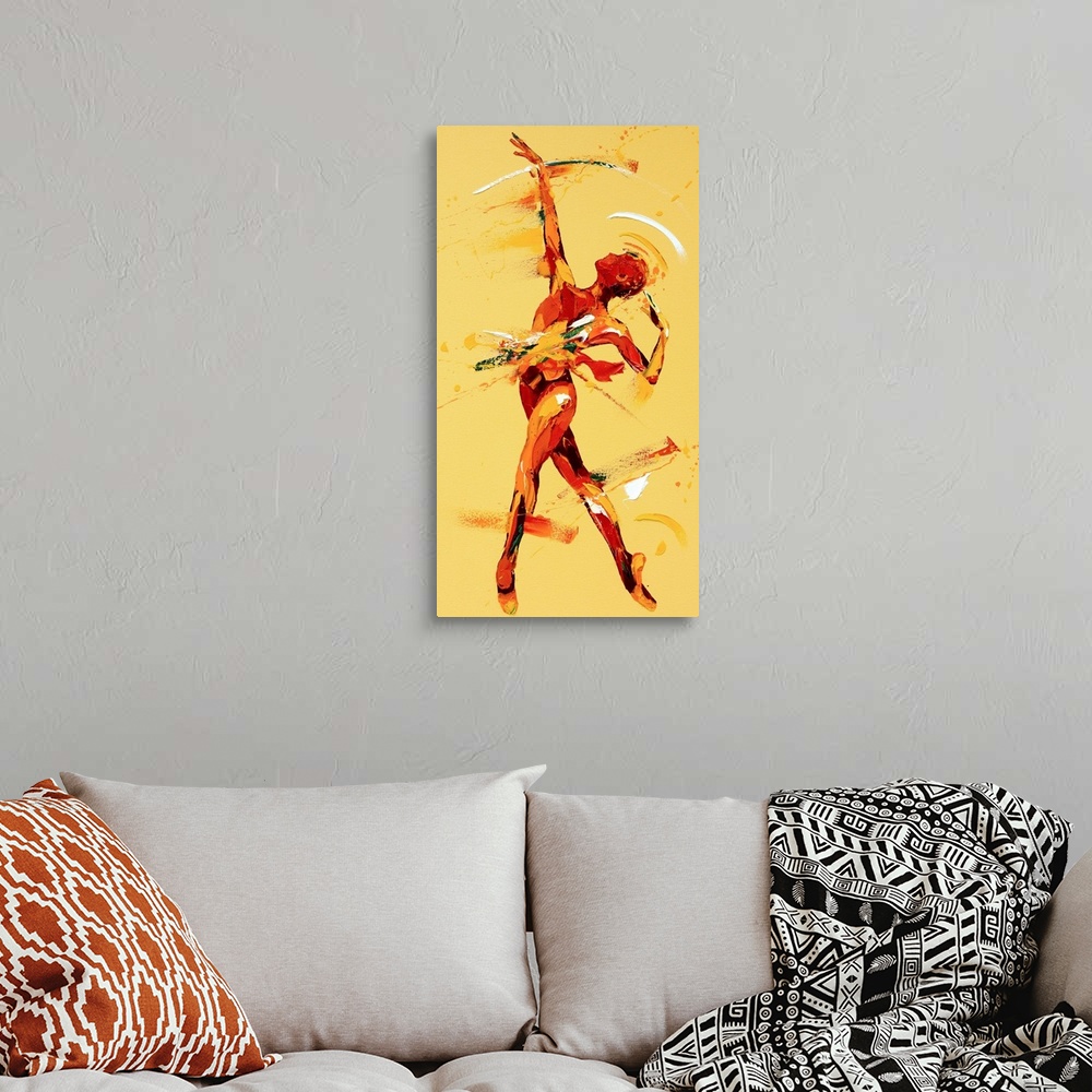 A bohemian room featuring Contemporary painting using warm red and yellow tones to create a dancing figure.