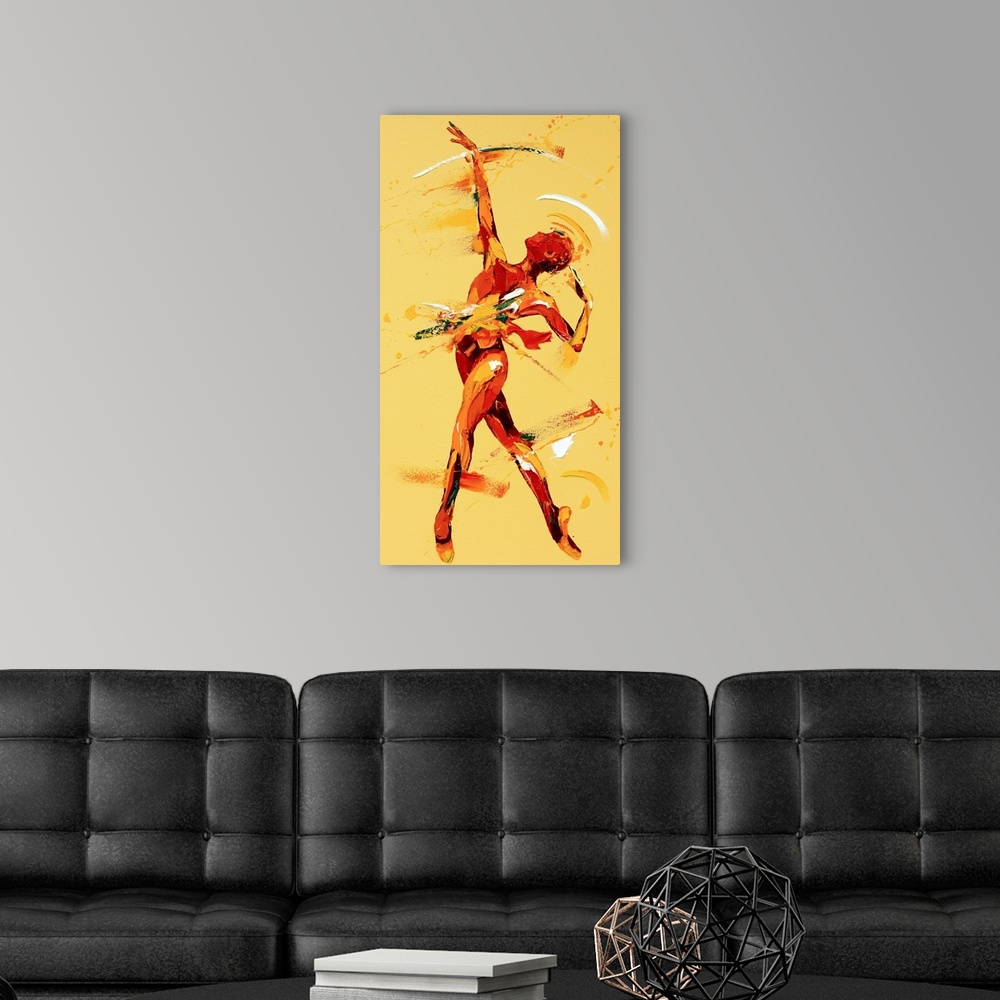 A modern room featuring Contemporary painting using warm red and yellow tones to create a dancing figure.