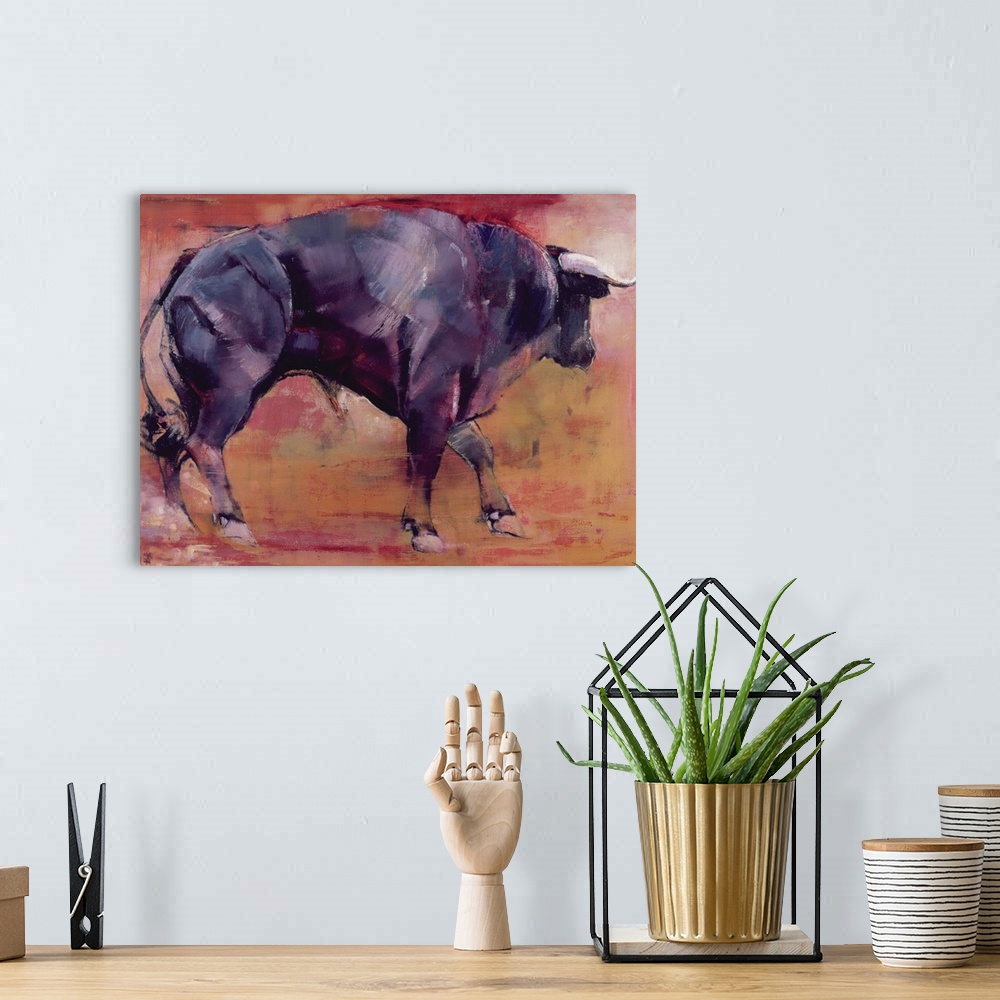 A bohemian room featuring Contemporary painting of a large black bull.