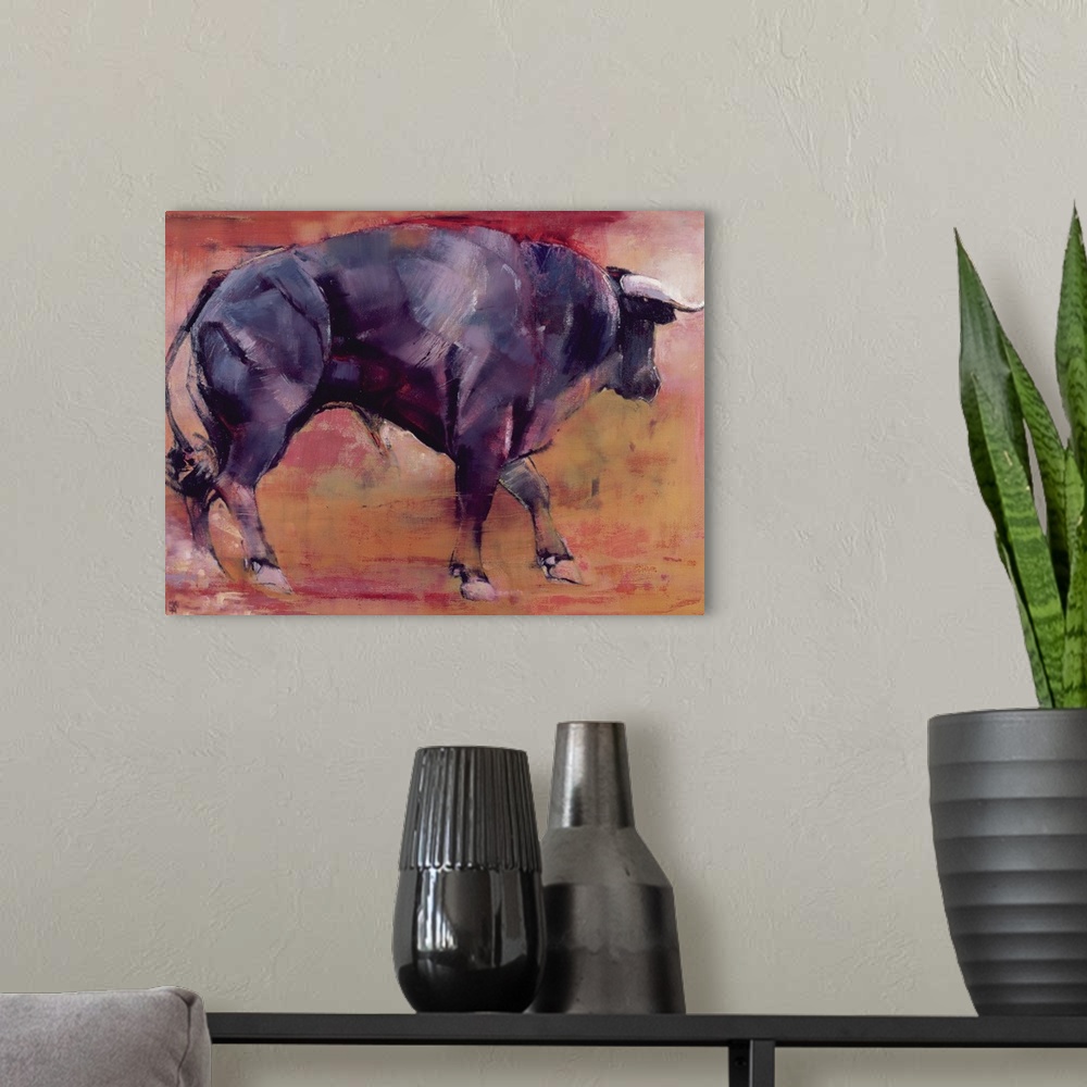 A modern room featuring Contemporary painting of a large black bull.