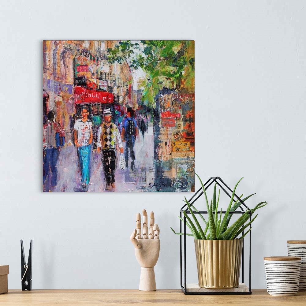 A bohemian room featuring Contemporary painting of crowded streets of Paris.