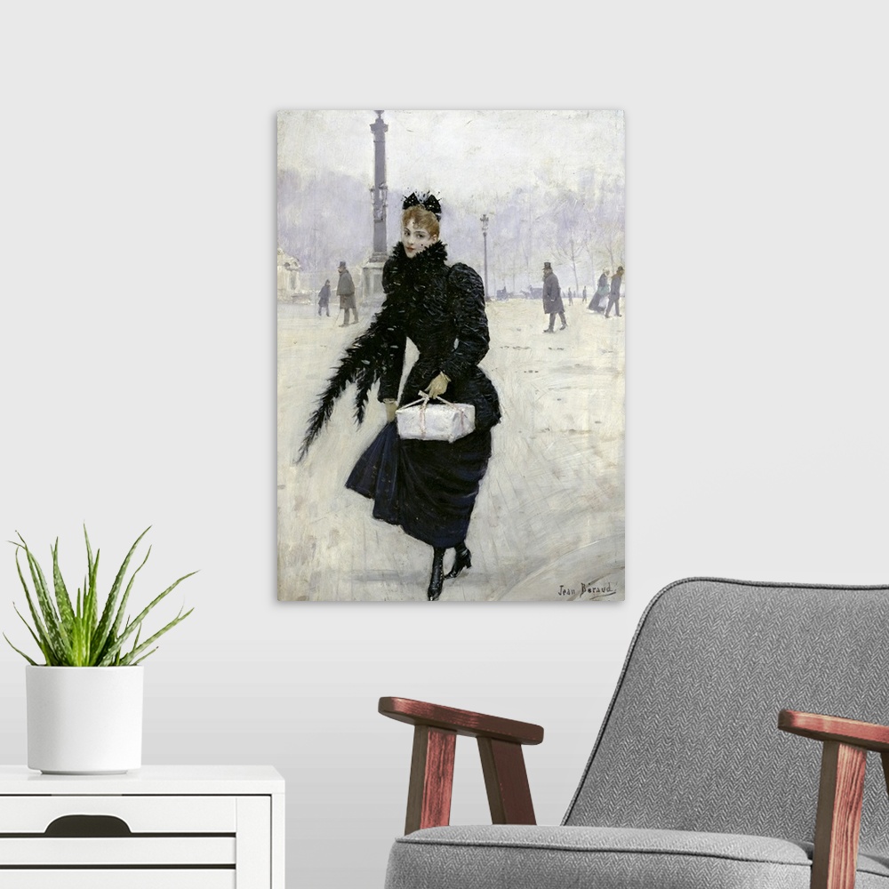 A modern room featuring Classic artwork of a woman standing outside dressed in all black during winter as snow blows in f...