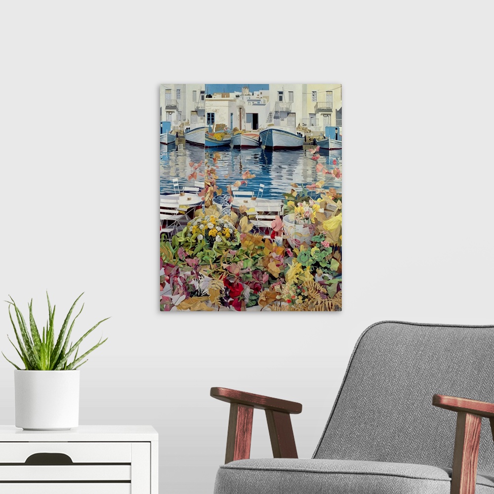 A modern room featuring Contemporary painting of boats in a harbor in Greece.
