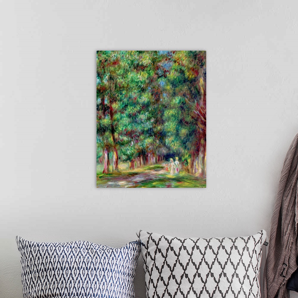 A bohemian room featuring Oversized, vertical classic painting of tall trees on either side of a small path, where several ...