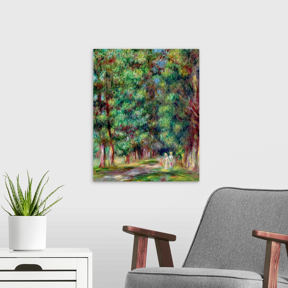 A modern room featuring Oversized, vertical classic painting of tall trees on either side of a small path, where several ...