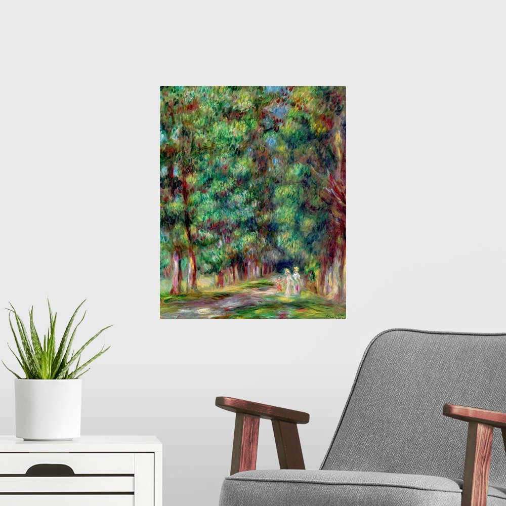 A modern room featuring Oversized, vertical classic painting of tall trees on either side of a small path, where several ...