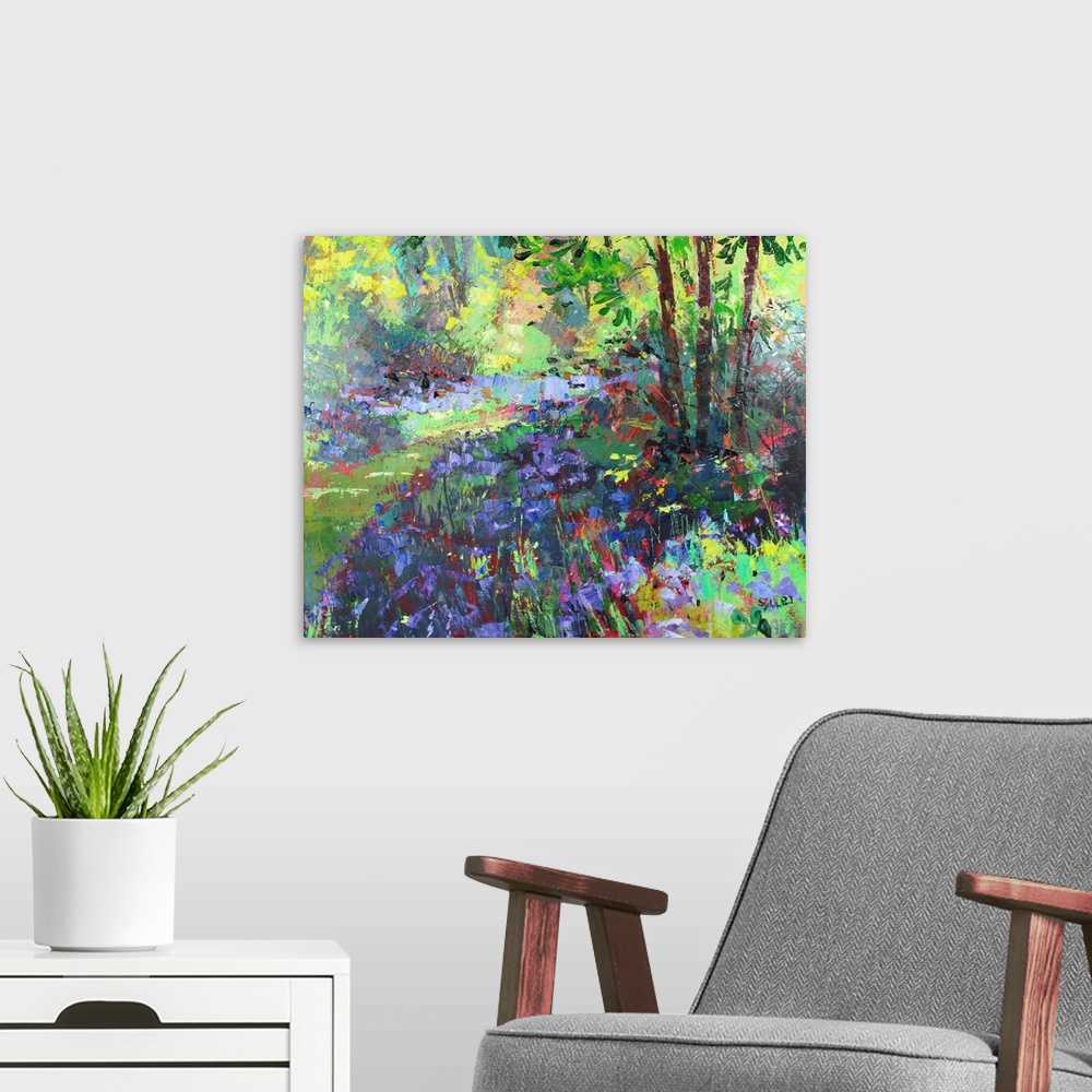 A modern room featuring Path Through the Bluebells, 2018, (originally oil) by Sylvia Paul.