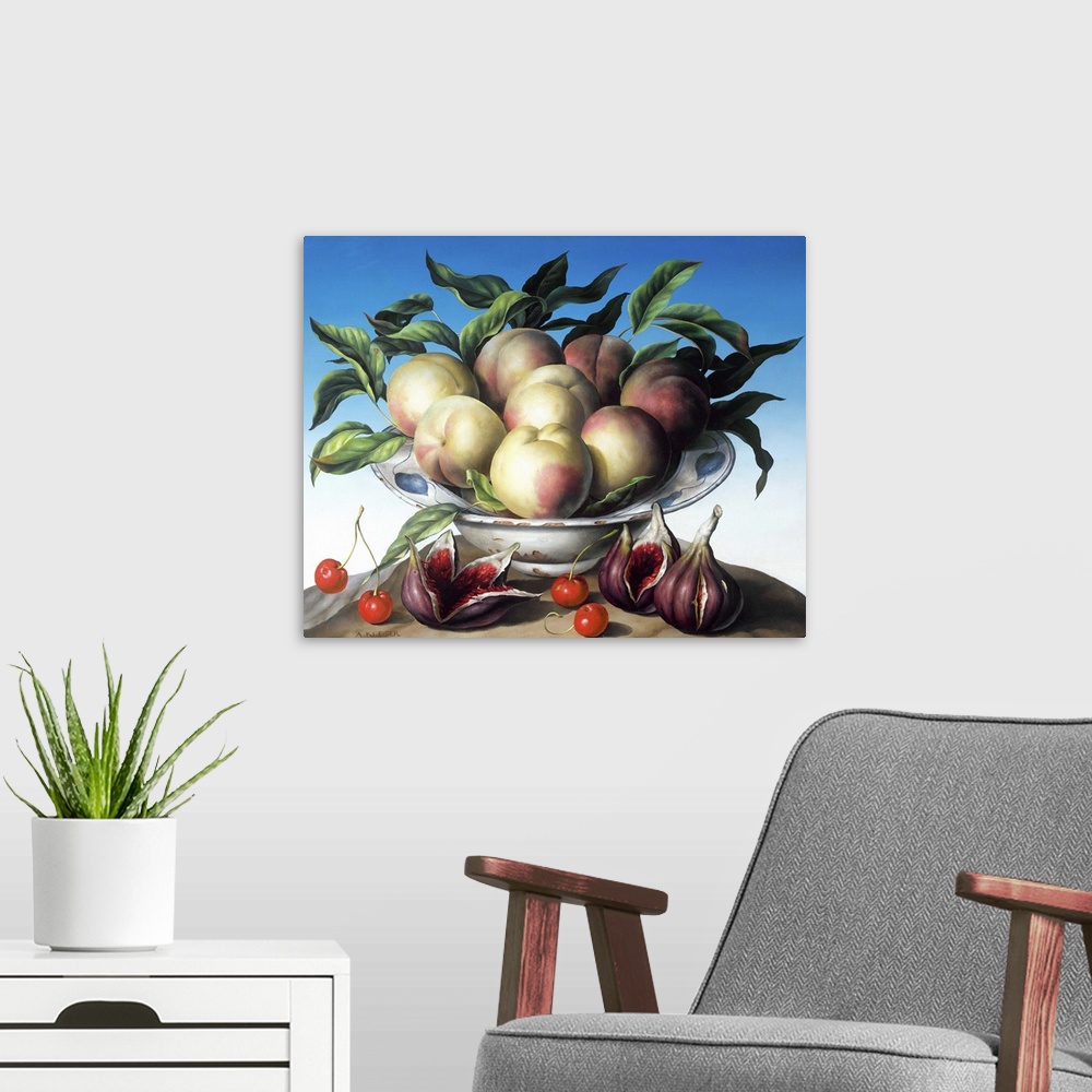 A modern room featuring Peaches in Delft bowl with purple figs