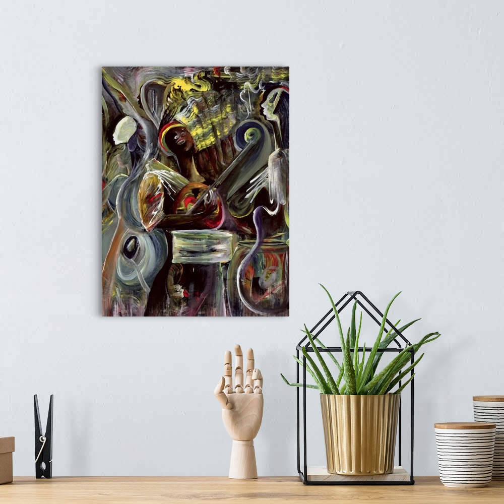 A bohemian room featuring Giant contemporary art displays a woman musician playing the guitar and drums.  Artist uses mostl...