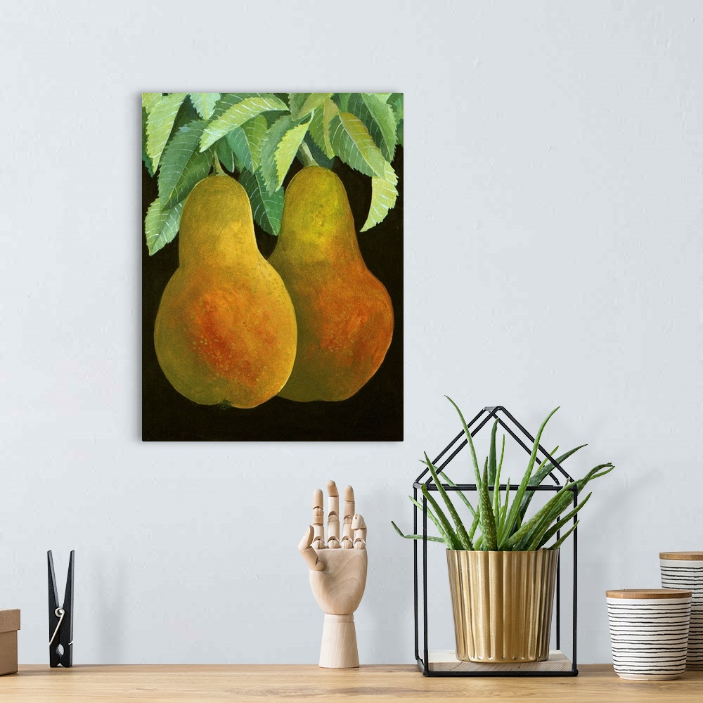 A bohemian room featuring Contemporary painting of two pears hanging from a tree.