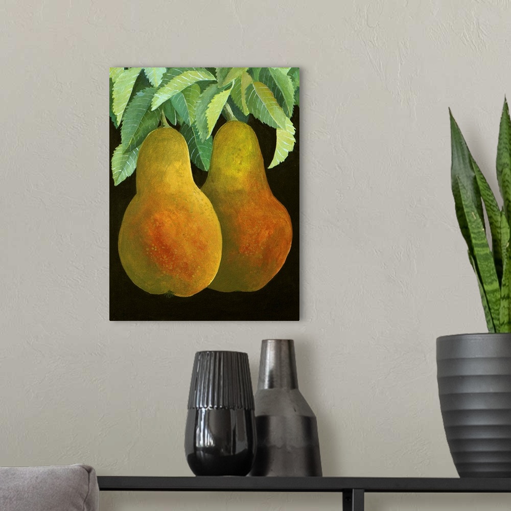 A modern room featuring Contemporary painting of two pears hanging from a tree.