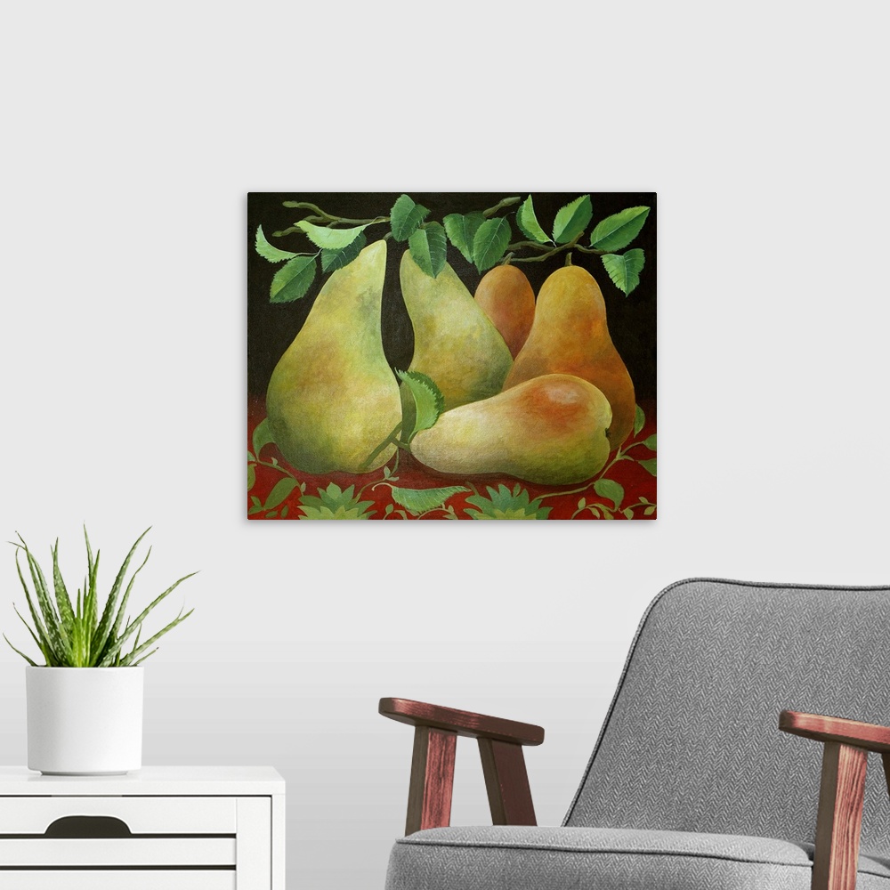 A modern room featuring Contemporary painting of a group of pears.