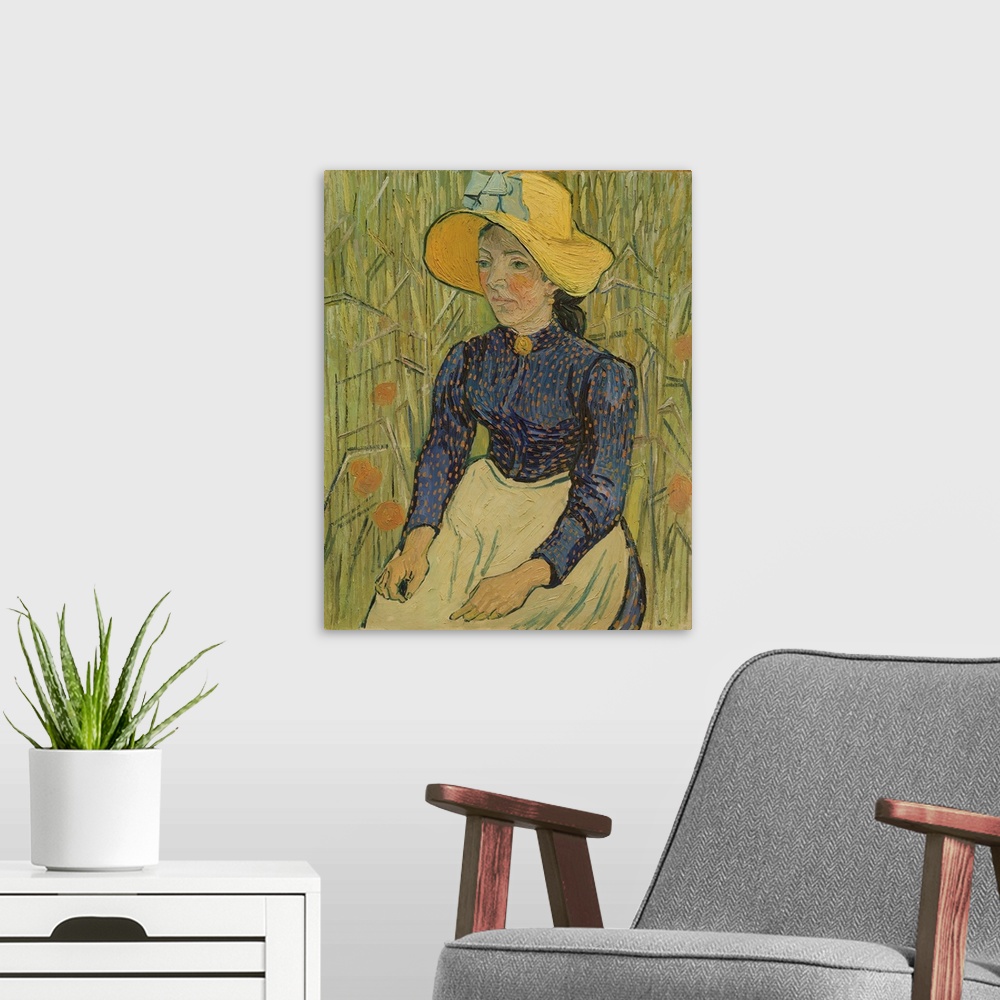 A modern room featuring Peasant Girl in Straw Hat, 1890, oil on canvas.  By Vincent van Gogh (1853-90).