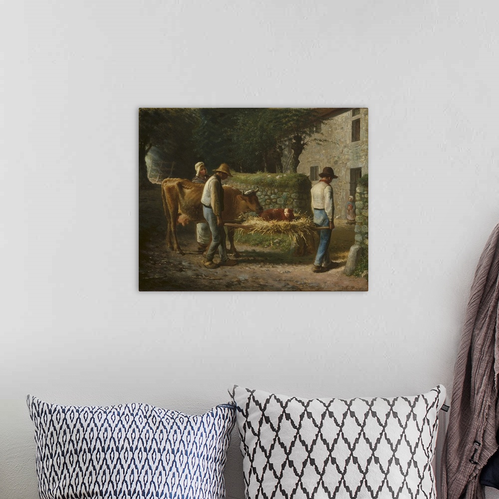 A bohemian room featuring Peasants Bringing Home a Calf Born in the Fields, 1864, oil on canvas.