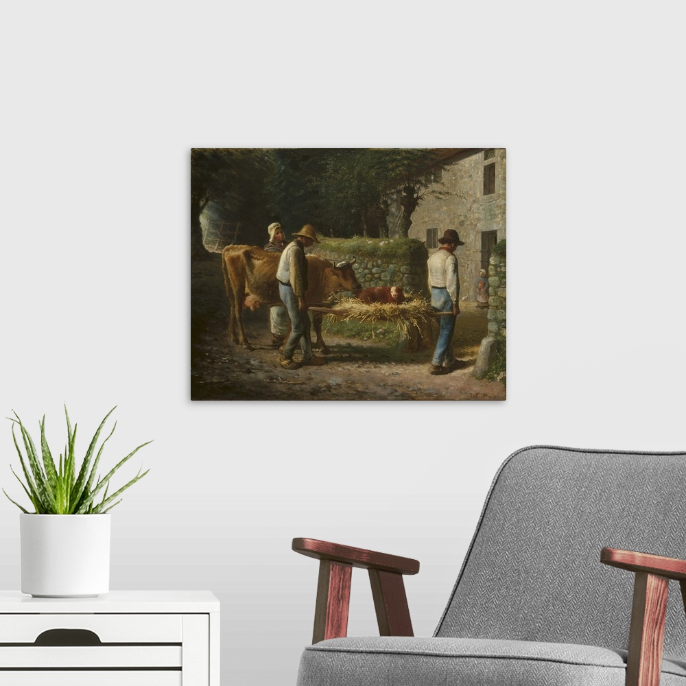 A modern room featuring Peasants Bringing Home a Calf Born in the Fields, 1864, oil on canvas.