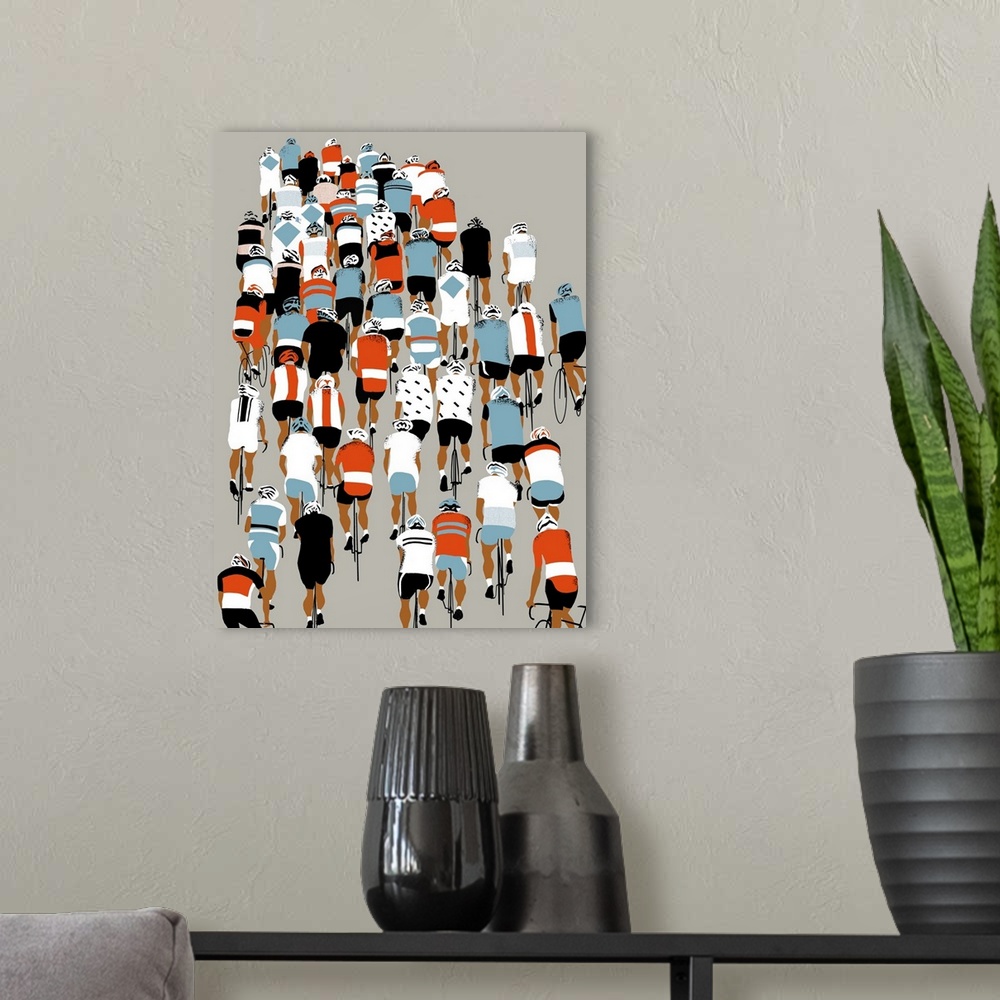 A modern room featuring Contemporary painting of cyclists riding together in a large group.