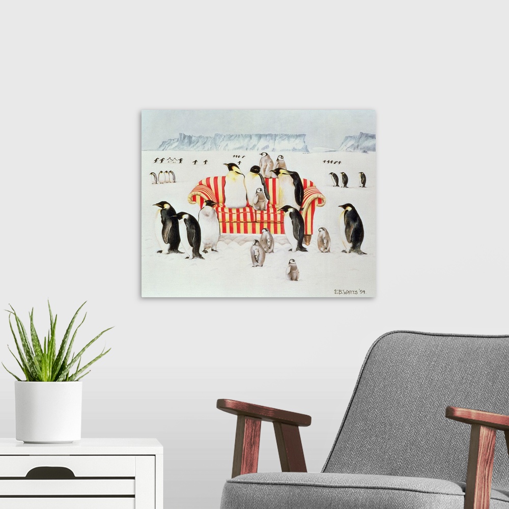 A modern room featuring Penguins on a Red and White Sofa, 1994