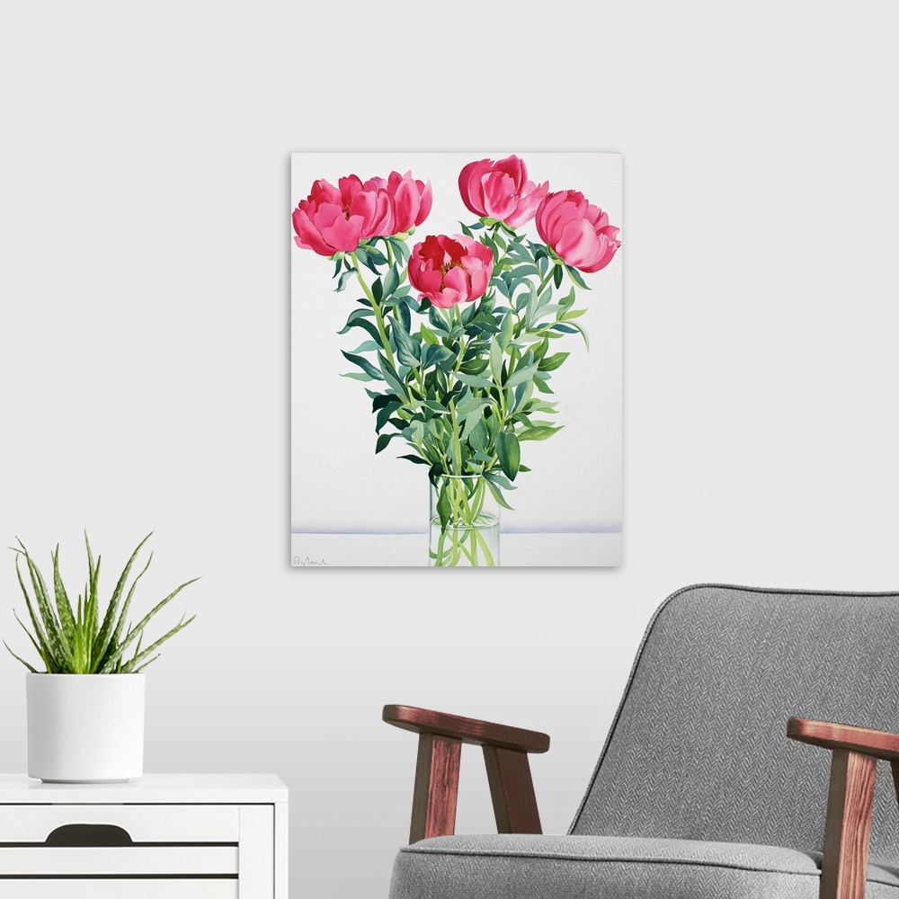 A modern room featuring Peonies, watercolour on paper.