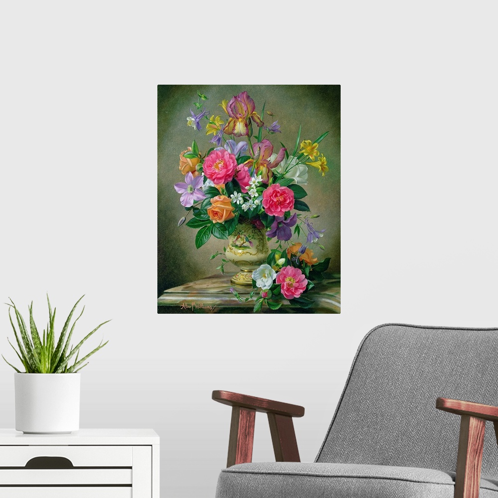 A modern room featuring A large vertical painting of colorful flowers inside an antique vase with a neutral background.