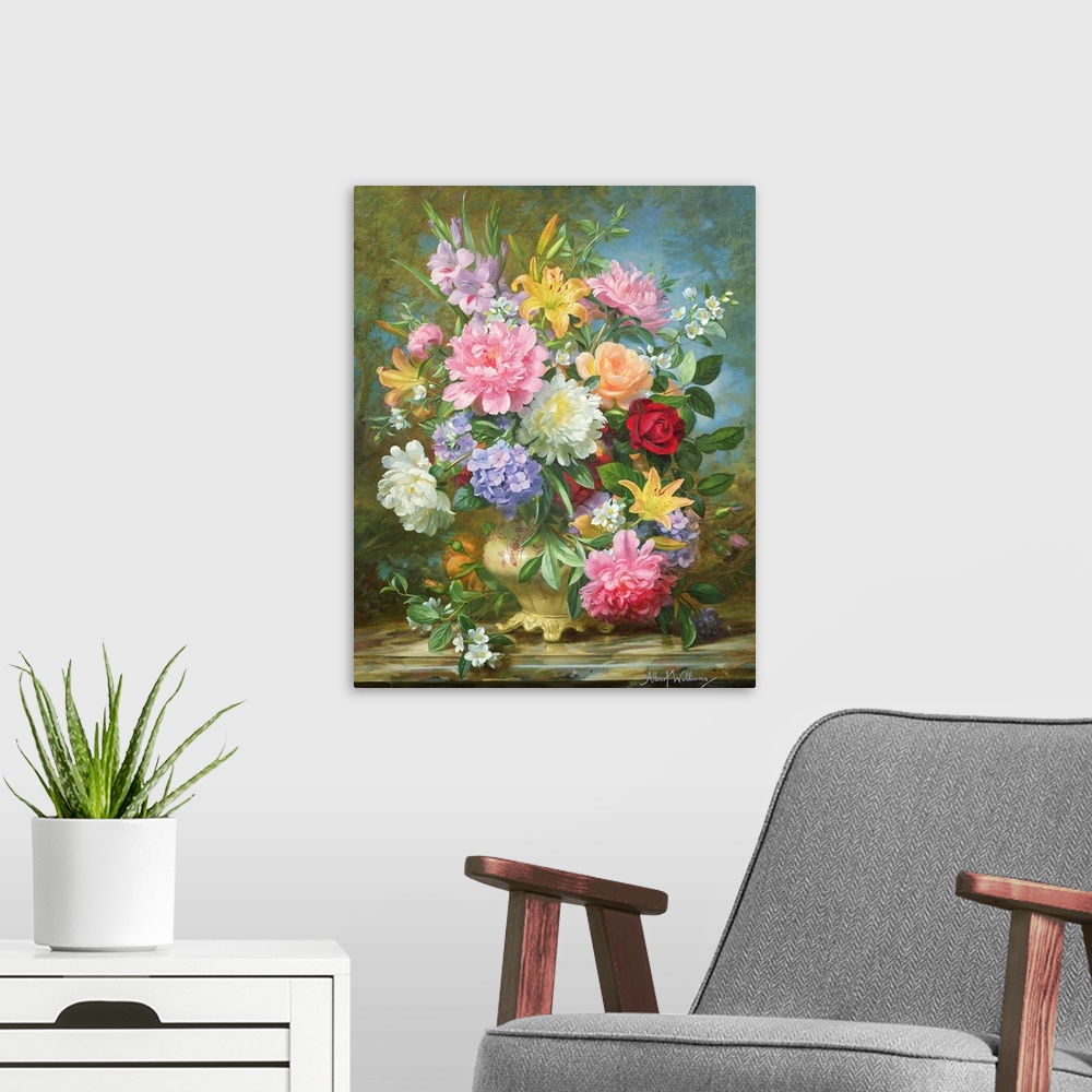 A modern room featuring Peonies and mixed flowers